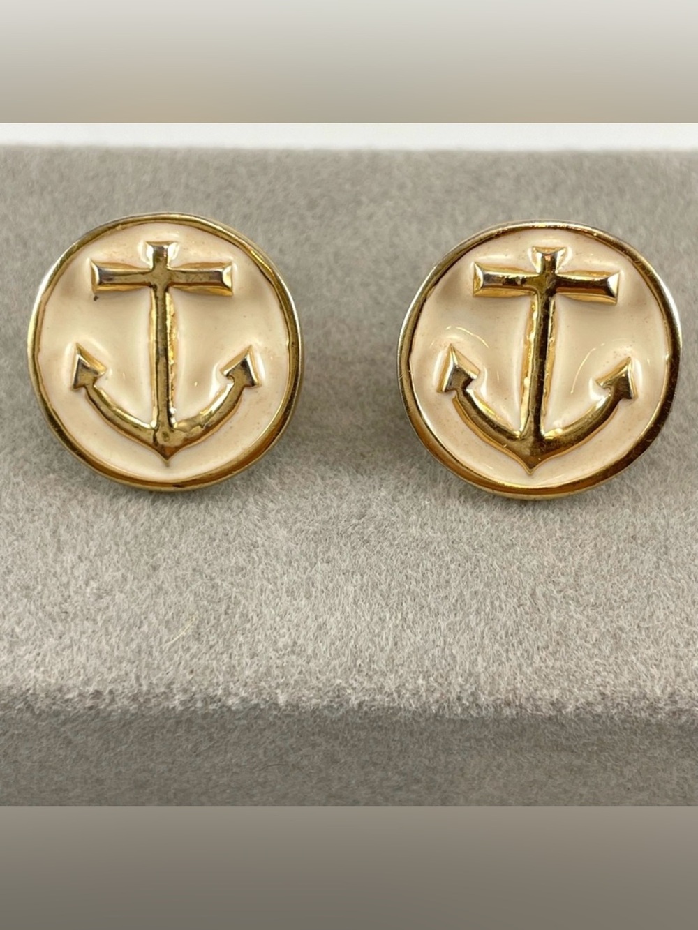 Fornash Gold Tone White Enamel Anchor Nautical Stud Post Setting Earrings
